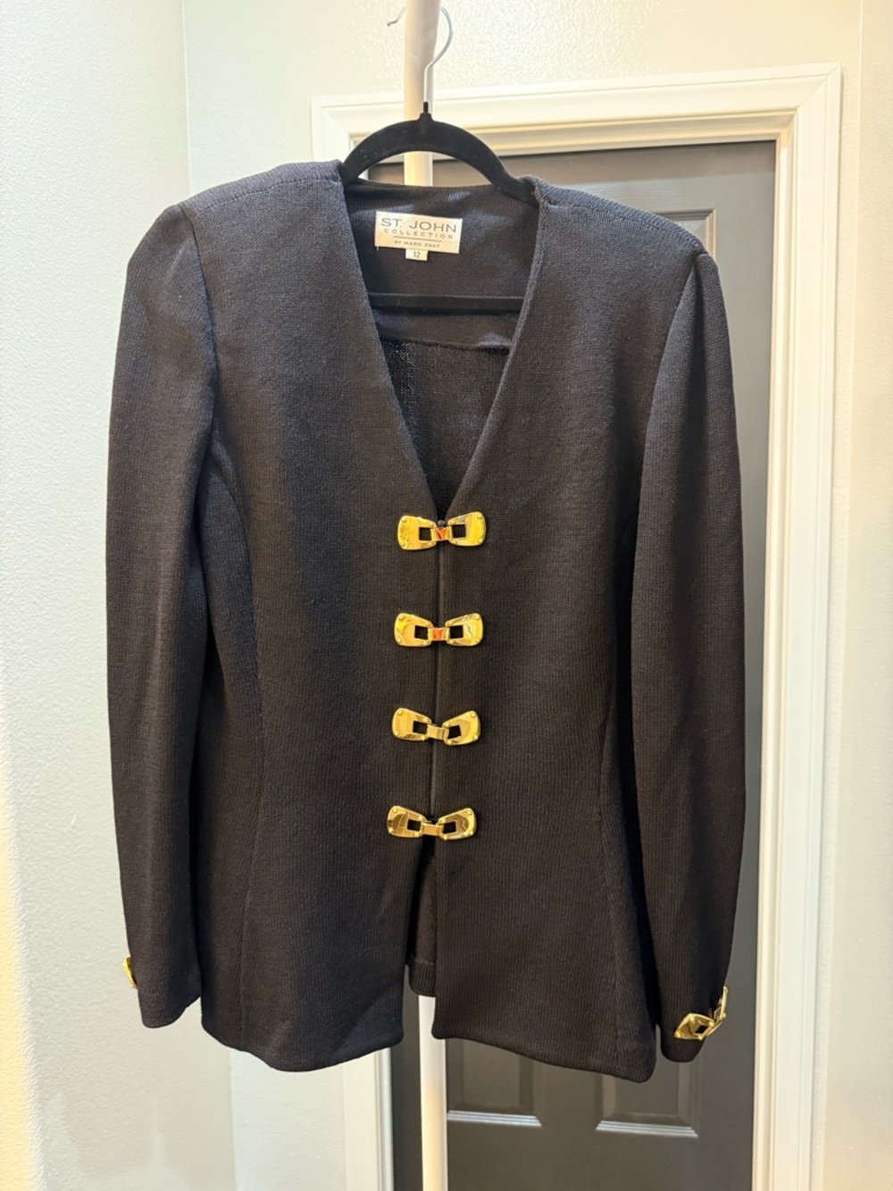 St. John Black Knit Blazer with Zipper Front and Gold Tone Hook and Eye Closures - Picture 2 of 9